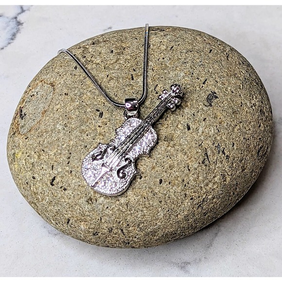 Violin Strings Necklace White Gold Plated Pendant with Crystals - Picture 3 of 10